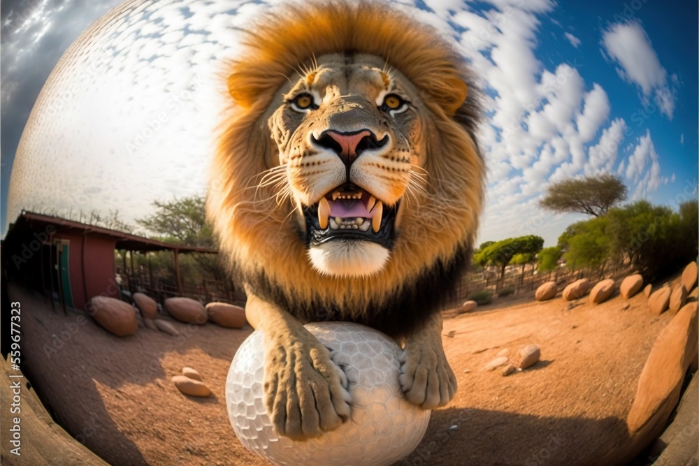 a lion is holding a golf ball in its mouth and it's mouth is open and
