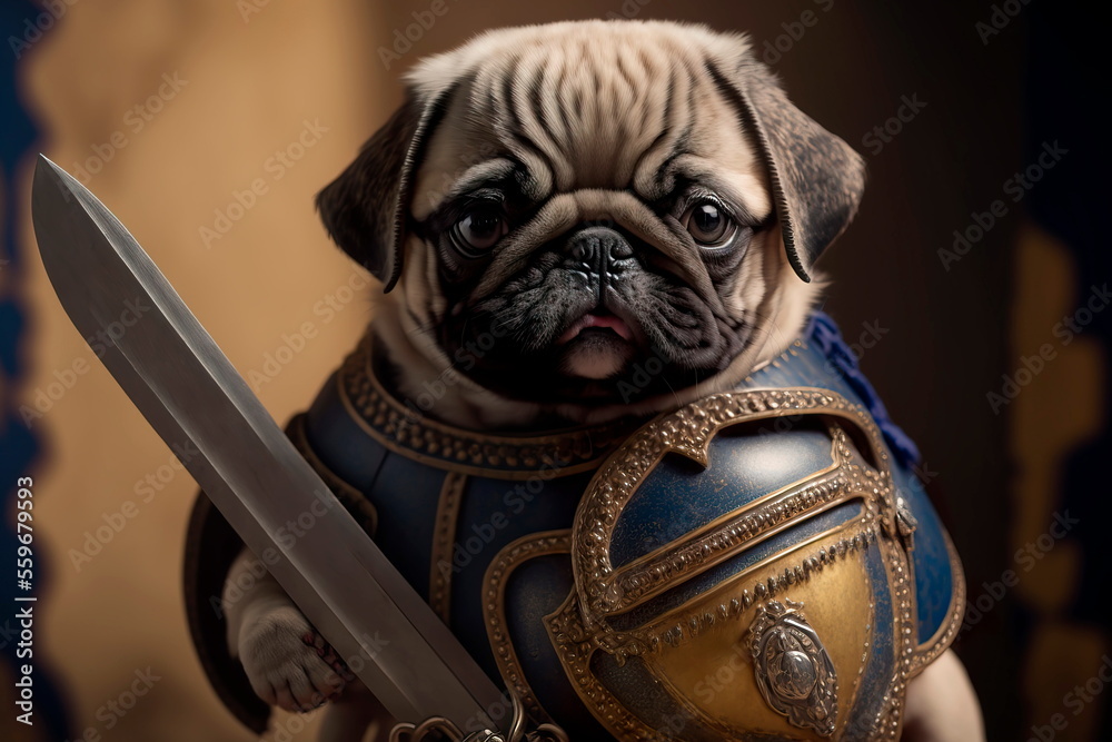 Cute pug knight character concept with sword and shield in ancient ages Generative AI