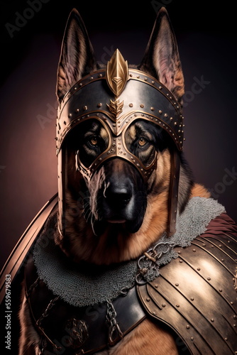 German shepherdt character concept with shield in ancient ages Generative AI
