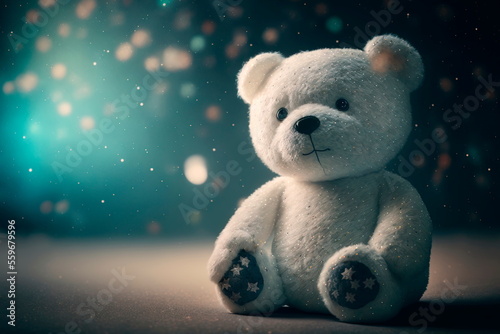 Teddy bear boy is sitting night stars background Generative AI