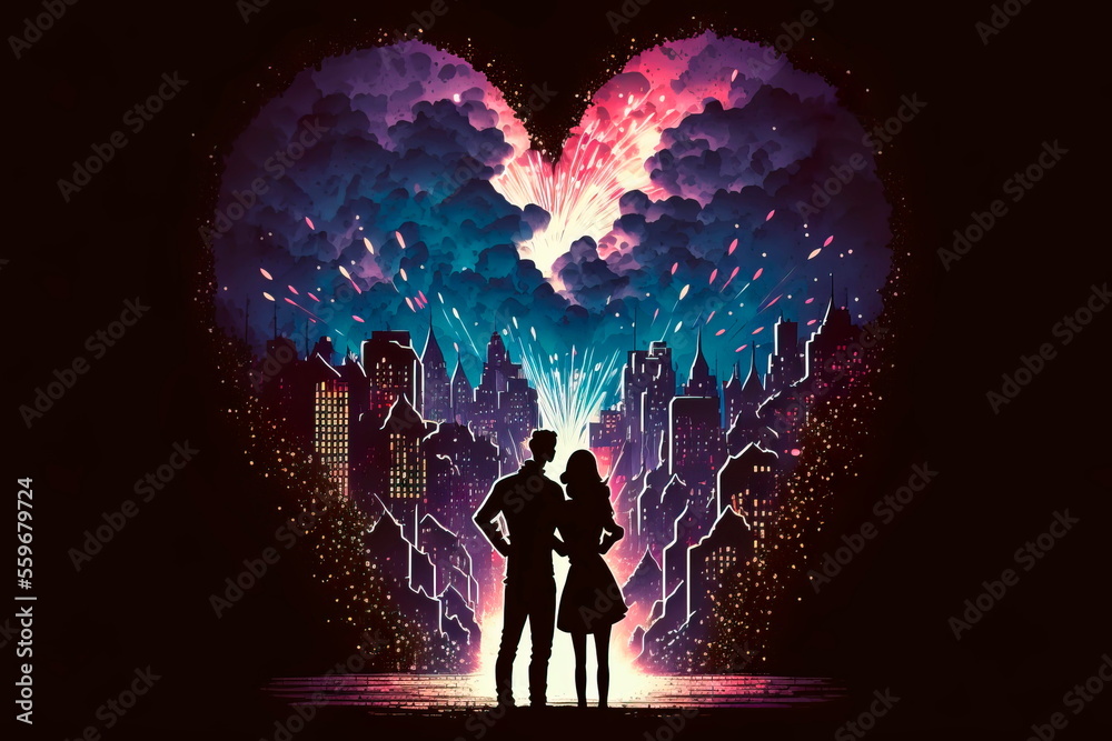 Heart shaped fireworks . Lovers couple background night city .  Valentine Day. Generative AI