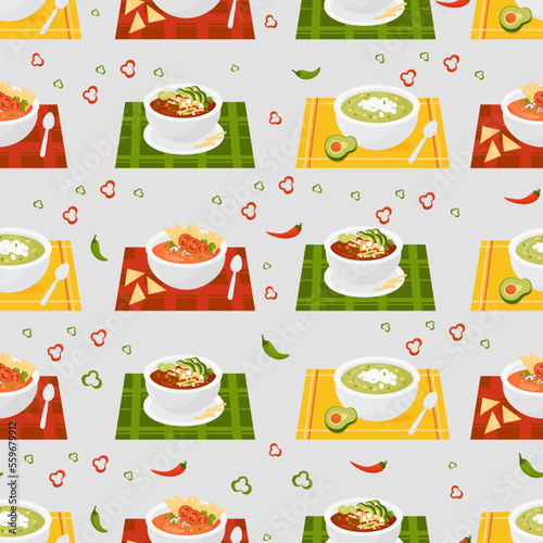 Seamless pattern with Mexican soups. Tomato Soup and green soup with avocado Traditional dishes in plates on tablecloth on gray background with chili. Vector endless background latin american food