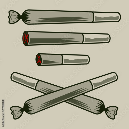 Marijuana rolled joints or cigarette with drug set of vector colored objects or elements on light background