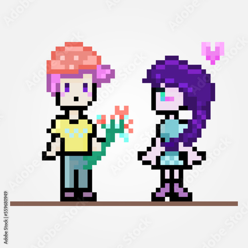 Pixel cute couple Valentine day characters