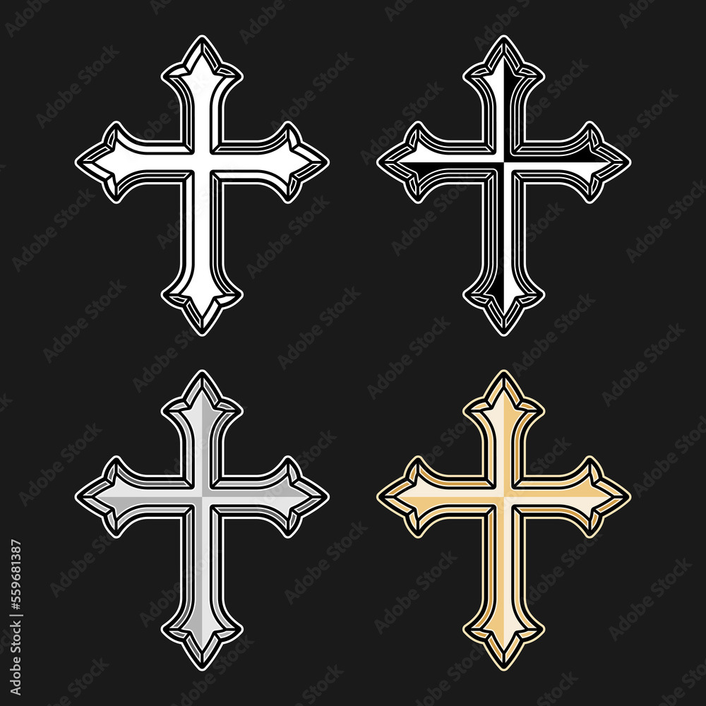 Crosses set of of four christian religion signs, church symbols colored on dark background
