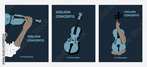 Set of three Poster idea for music event, with symbols of the violin instrument. Banner, flyer, invitation, ticket or advertising banner with abstract violin. Flat vector illustration. Hand drawn styl