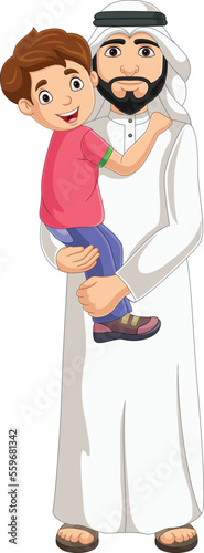 Cartoon arab man holding her son