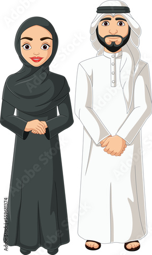 Cartoon arabic couple wearing traditional costume