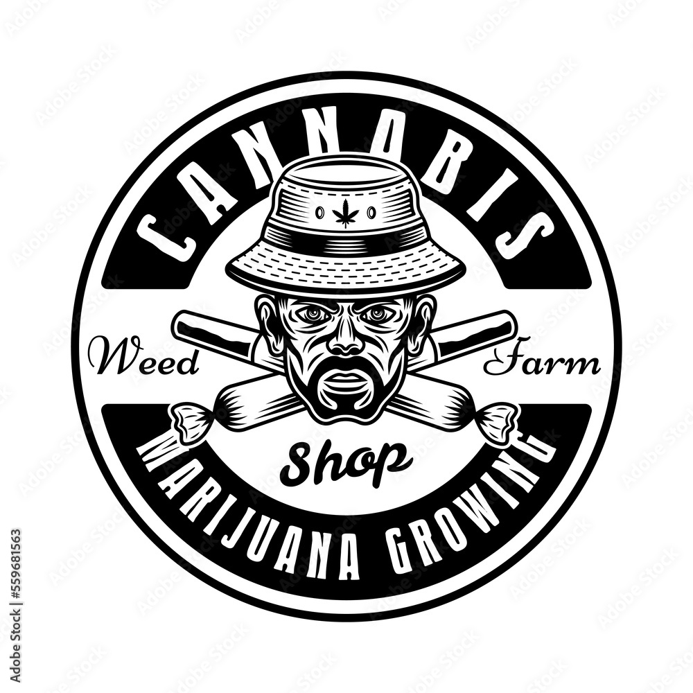Fototapeta premium Stoner head in bucket hat and two crossed weed joints vector emblem, badge, label or logo. Illustration in vintage monochrome style isolated on white background