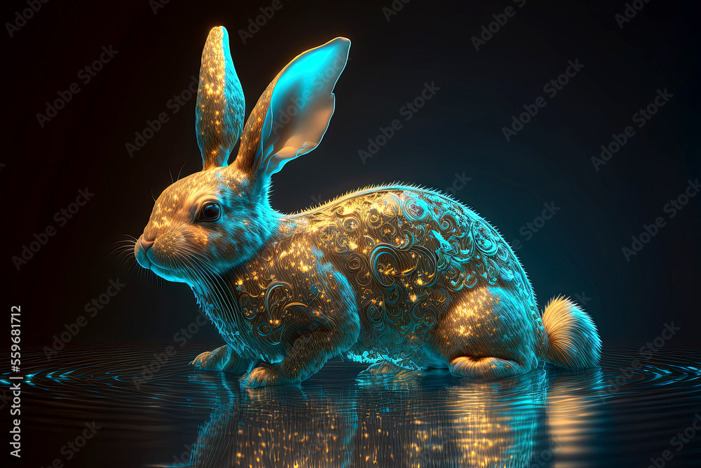 Generative AI illustration of gold horoscope water rabbit wit intricated ornaments concept for Happy Chinese new year 2023 the year of the water rabbit in China - obrazy, fototapety, plakaty 