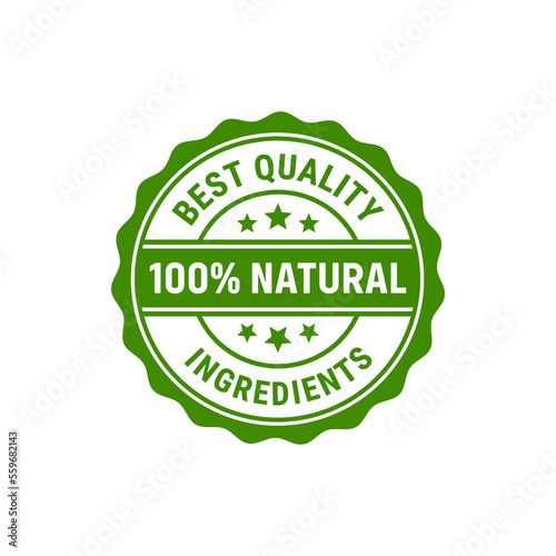 100% natural ingredients or Natural ingredients product icon. Organic ingredients green label stamp. 100% natural ingredients, organic bio pharmacy and natural skincare cosmetic product.