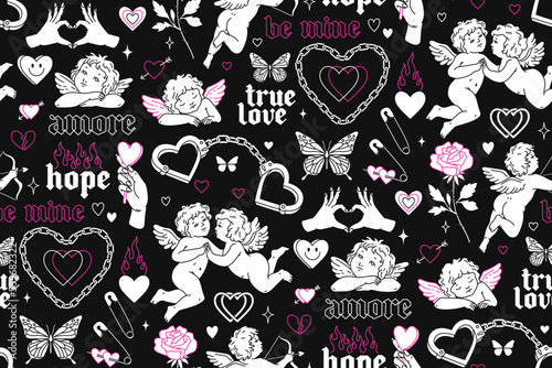 Tattoo art 1990s-2000s seamless pattern. Love concept. Happy valentines day. Heart, angel, cupid, butterfly, rose in trendy retro style. Vector hand drawn tattoo background. Black, pink, white colors.