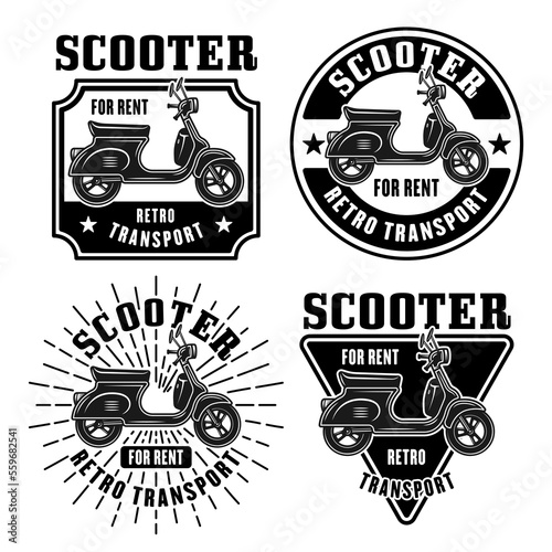 Scooter for rent set of vector emblems, logos, badges or labels in vintage monochrome style isolated on white background