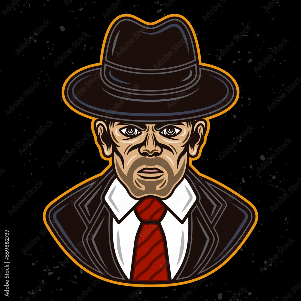 Detective man in fedora hat in suit character colorful vector illustration in cartoon style isolated on dark background