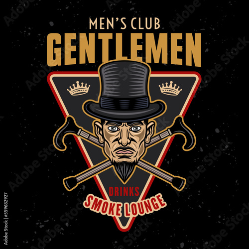 Gentlemen club, smoke and drinks vector emblem, logo, badge or label in cartoon colored style on dark background