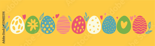 Vector, horizontal Easter pattern with Easter egg drawings, hand-drawn in doodle style