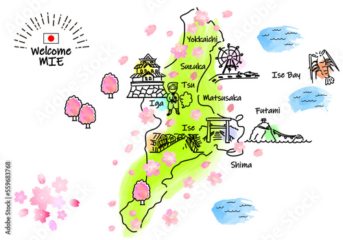 春の三重県の観光地のシンプル線画イラストマップ