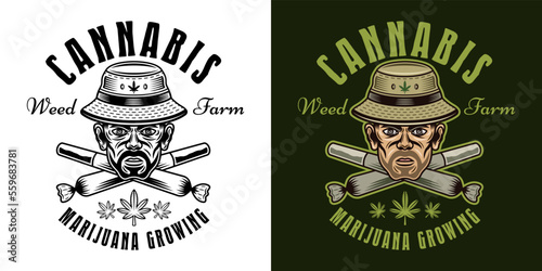 Marijuana growing vector emblem, badge, label or logo with stoner head in bucket hat and two crossed weed joints two styles black on white and colorful on dark background