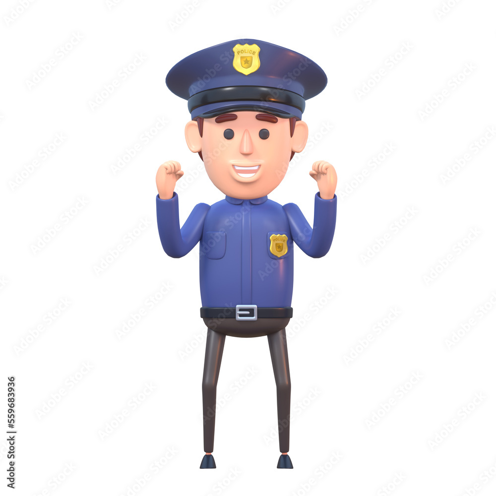 3d render of cartoon policeman celebrating success, achievement