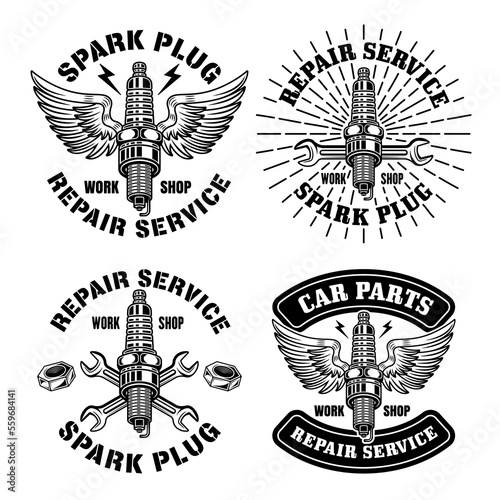 Spark plug with wings, car repair service set of four vector emblems, logos, badges, labels, stickers in monochrome style isolated on white background