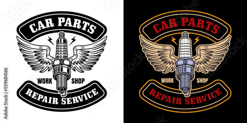 Spark plug with wings vector emblem, logo, badge, label, sticker in two styles black on white and colorful on dark background