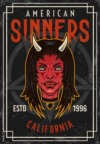 Devil girl head vintage colored poster with text american sinners. Vector decorative template illustration