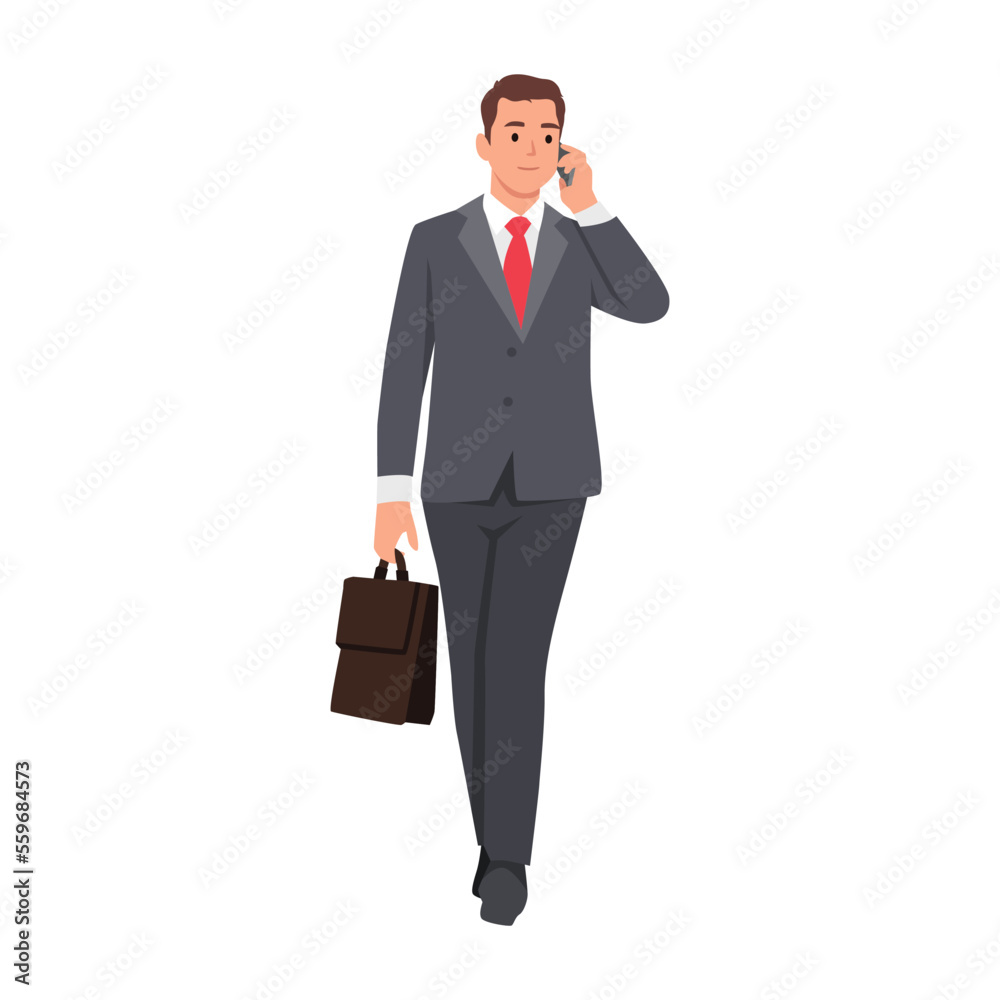 Young businessman walk with cellphone talking and holding briefcase. Flat vector illustration isolated on white background Young businessman walk with cellphone talking and holding briefcase. Flat vector illustration isolated on white background