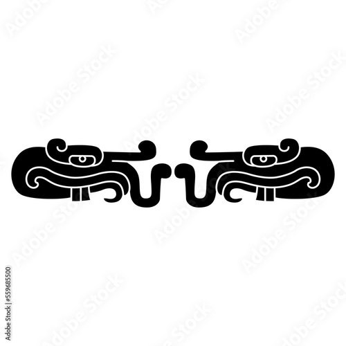 Symmetrical design or frame with two heads of fantastic dragon monster with teeth and tentacles. Native American animal design of Aztec Indians from Mexican codex. Black and white negative silhouette.