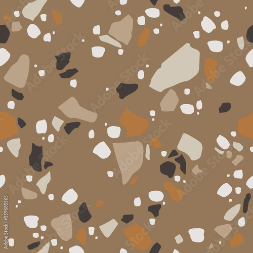 Terrazzo vector seamless pattern. The repeating texture of a classic Italian Venetian style floor made of natural stone, granite, quartz, marble, glass and concrete. Flat modern background design