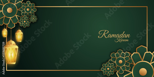 3D Ramadan decoration on green and gold. Islamic header or horizontal banner luxury look. Special day of ramadan, eid mubarak with lantern and a flower