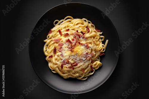 a plate of pasta with bacon and cheese on it on a black plate on a black tablecloth background., generative ai photo