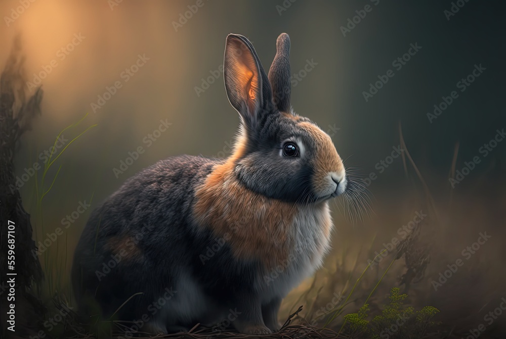 Fototapeta premium illustration of close-up pointy ears Dutch rabbit with blur nature landscape background