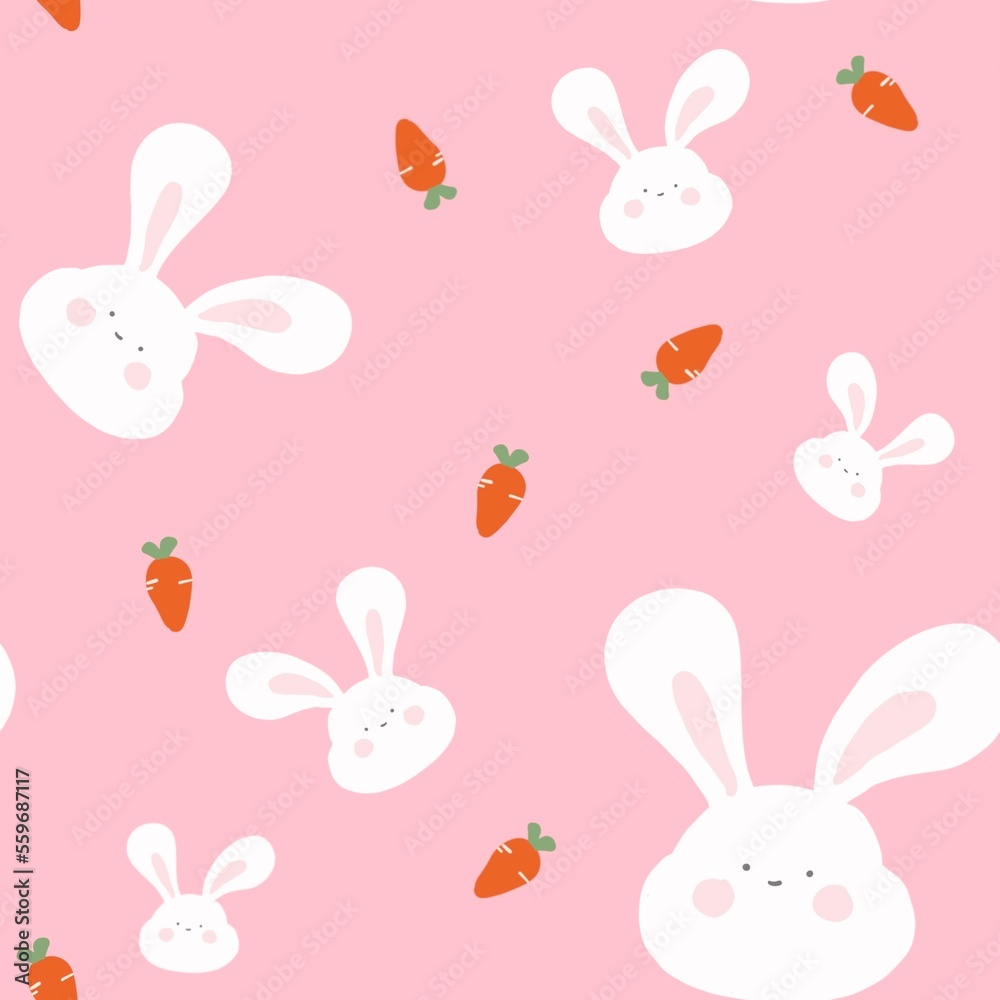 Cute bunny and carrot wallpaper pattern illustration on a pastel pink background.