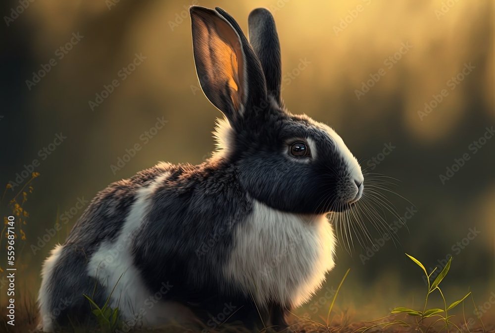 illustration of close-up pointy ears Dutch rabbit with blur nature landscape background