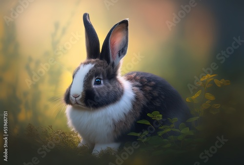 illustration of close-up pointy ears Dutch rabbit with blur nature landscape background