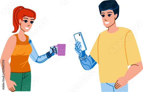 bionic arm vector. arm, technology, artificial, bionic, hand, cyborg, innovation robotic, science, future human, finger futuristic, machine robot prosthetic bionic arm character people flat cartoon