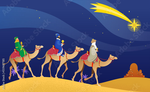 Fotografia, Obraz The Three Wise Men, Magi, or Three Kings, Melchior, Caspar and Balthasar on camels back, heading to the city of Bethlehem following the Star of Bethlehem