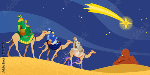 Photographie The three wise men, Magi, three Kings, Melchior, Caspar and Balthasar, riding camels following the star of Bethlehem