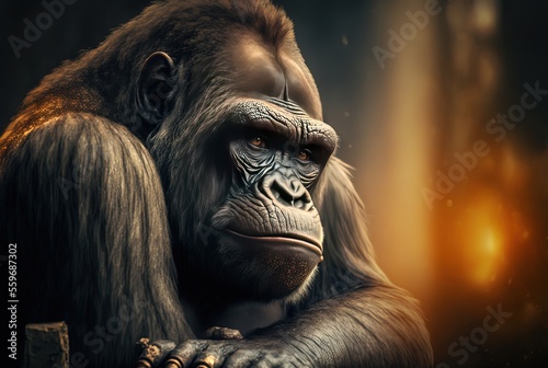 illustration of beautiful portrait of gorilla with blur nature background with copy space