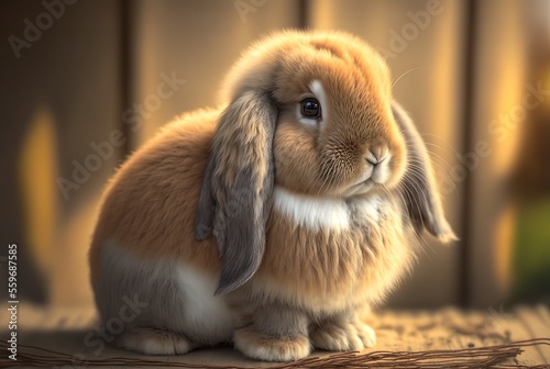 illustration of cute brown Mini Lop rabbit with blur nature background with sunlight