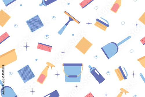 Seamless pattern of cleaning equipment. Vector illustration isolated on a white background