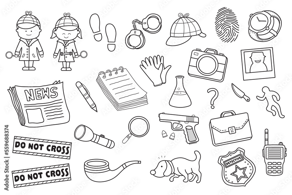Hand drawn Vector illustration icon set of various police detective