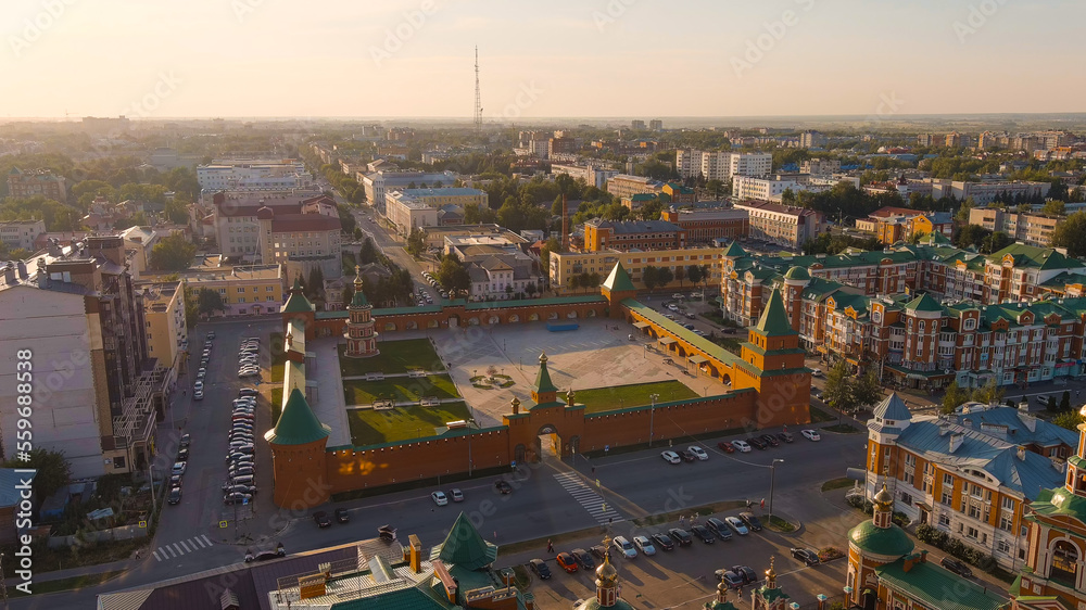 Yoshkar-Ola, Russia. Cathedral of the Resurrection of Christ. Tsarevokokshaysky Kremlin. City Center During Sunset, Aerial View