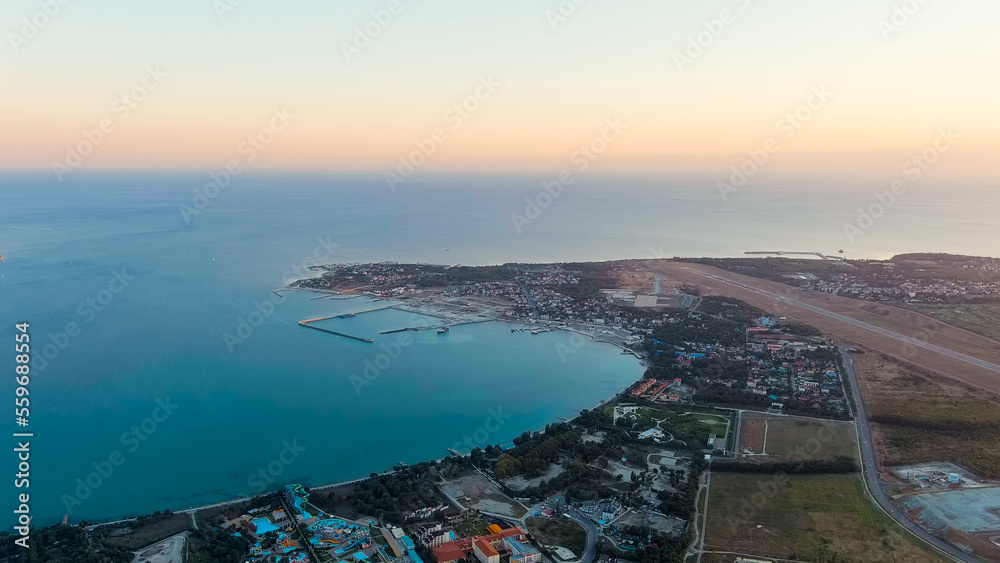 Gelendzhik, Russia. Thin cape. The airport. Sunset time, Aerial View