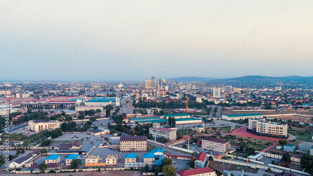 Grozny, Russia. Panorama of the city center from the air. Time after sunset, Aerial View