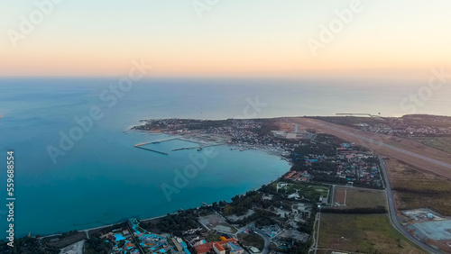 Gelendzhik, Russia. Thin cape. The airport. Sunset time, Aerial View