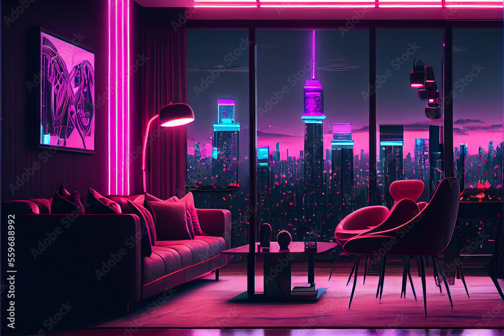 Futuristic modern cyberpunk living room design, stunning Lavish