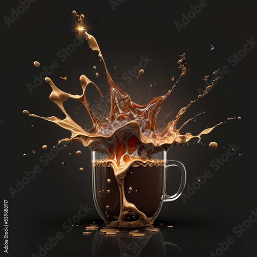 a cup of coffee with liquid splashing out of it on a black background with a reflection of the coffee., generative ai photo