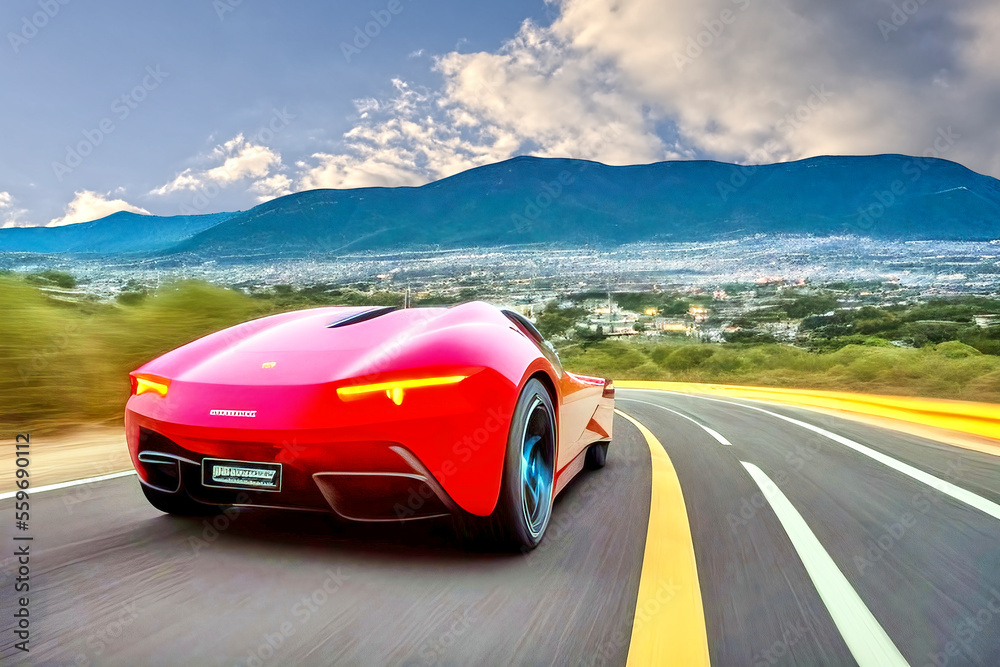 Rear view of a red unreal sports car driving on the highway towards a city in the distance, made with generative AI