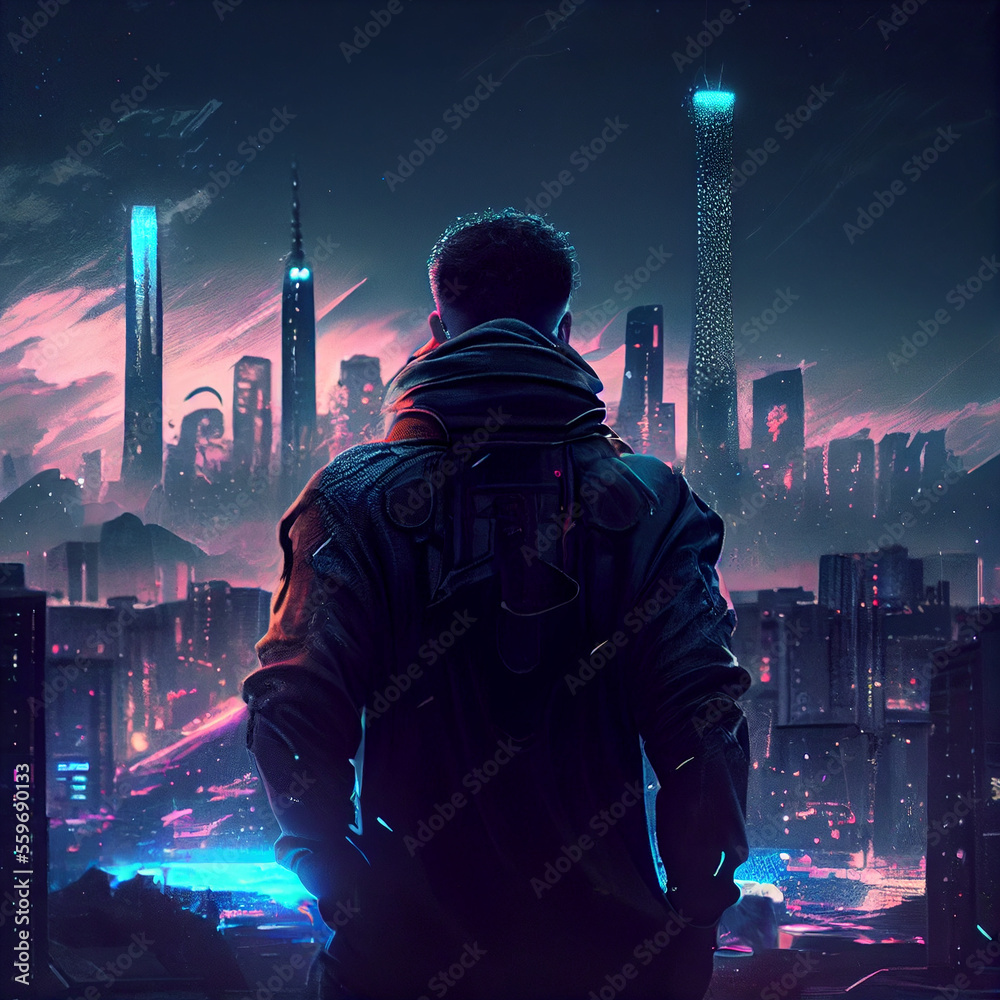 Man overlooking a futuristic city, cyberpunk, anime - generative ai ...